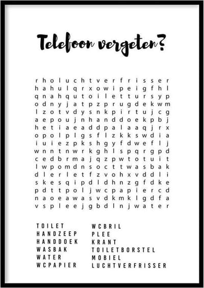 Poster Woordzoeker - 30x40 cm Met Fotolijst - WC Poster - Ingelijst - WALLLL