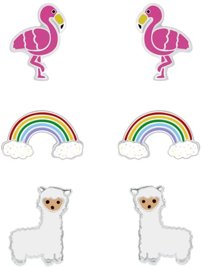 Joy|S - Zilveren oorbellen - set 3 paar - Alpaca oorbellen - Regenboog oorbellen - Flamingo oorbellen