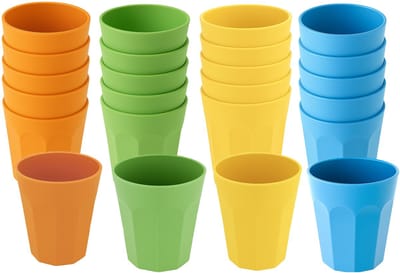 Set van 24 Kunststof Bekers – 300 ml – Onbreekbaar – 4 Kleuren (Geel, Oranje, Blauw, Groen) – Vaatwasserbestendig – Polypropyleen – Herbruikbaar