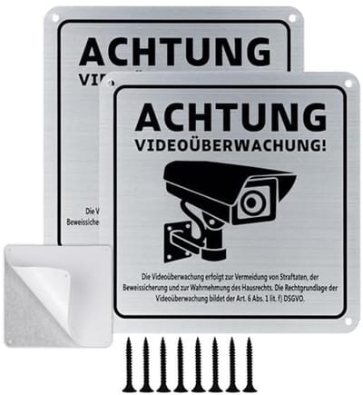 Waarschuwingsbord Videobewaking met DSGVO Waarschuwing - 15x15 cm, 2 Stuks, Aluminium