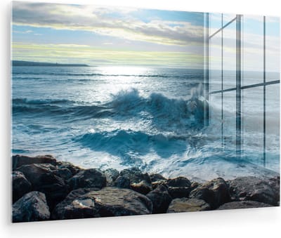 MuchoWow® Glasschilderij 150x100 cm - Schilderij acrylglas - Zee - Stenen - Zon - Foto op glas - Muurdecoratie woonkamer - Wanddecoratie slaapkamer - Schilderijen