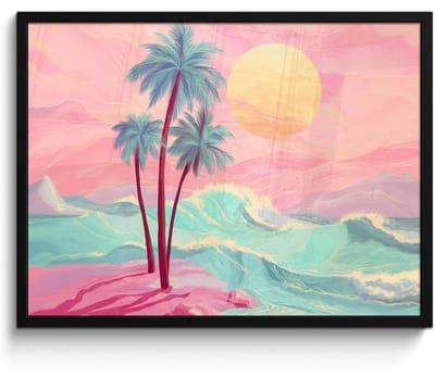 Poster in lijst - Fotolijst 80x60 cm - Posters - Palmbomen - Golven - Zee - Posterlijst zwart - Decoratie - Wanddecoratie woonkamer - Muurdecoratie slaapkamer