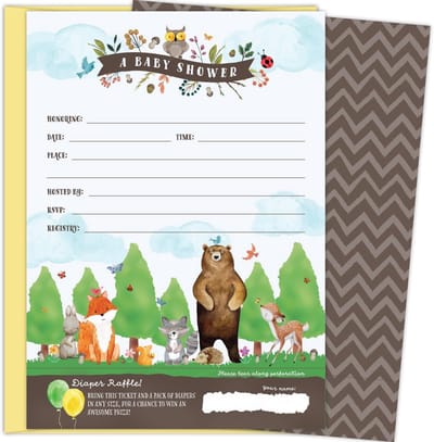 Set van 25 Babyshower Uitnodigingen Bosdieren met Luiertickets en Enveloppen