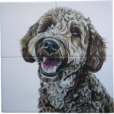 MadDeco Nederlands fabrikaat Labradoodle op plateau van 4 tegels Friese Witjes 13 x 13 cm per tegel