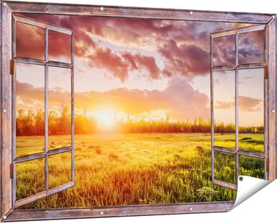Gards Tuinposter Doorkijk Zonsopkomst in het Veld - 150x100 cm - Tuindoek - Tuindecoratie - Wanddecoratie buiten - Tuinschilderij