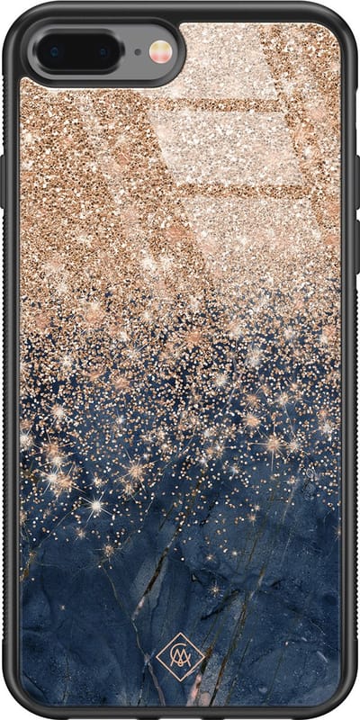 Casimoda® hoesje - Geschikt voor iPhone 8 Plus - Marmer Blauw Rosegoud - Luxe Hard Case Zwart - Backcover telefoonhoesje - Rosekleurig