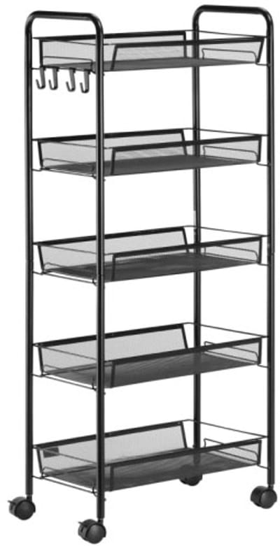 Trolley 45x26,5x106cm Opbergrek Zwart Staal Met Handvat 4 Verdiepingen 5 Manden Geschikt Voor Keuken Woonkamer