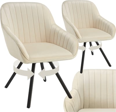 tectake® - Draaibare eetkamerstoel met armleuningen - Ergonomische kuipstoel met fluwelen bekleding - Gewatteerd - Draaistoel voor woonkamer, eettafel, studeerkamer, kaptafel en keuken - Set van 2 - Crème