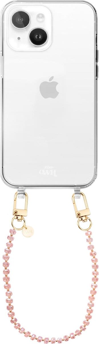 xoxo Wildhearts siliconen hoesje geschikt voor iPhone 15 Plus hoesje - Crystal (Roze) - Telefoonhoesje - Hoesje met koord - Kristal ketting - Kristallen met gouden details - kort telefoonkoord - Transparant hoesje