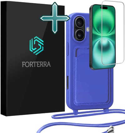 Hoesje Geschikt voor iPhone 16 Plus Pashouder Case Siliconen Hoes Met Koord Met Screenprotector - Hoes Geschikt voor iPhone 16 Plus Met Telefoonkoord Hoesje Back Cover Met Pasjeshouder - Felblauw