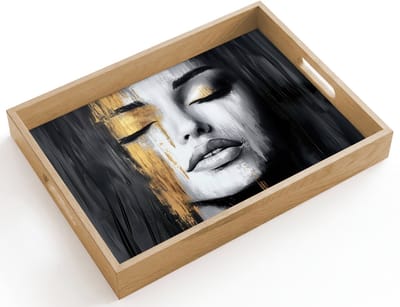 Dienblad hout 40x30 cm - Schootdienblad - Gezicht - Vrouw - Penseelstreken - Abstract - Borrelplank rechthoek - Plateau dienbladen