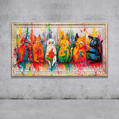 Canvas schilderij groot handgeschilderd katten verf plezier vrolijk – YS-Art Gallery – Vrolijke wanddecoratie voor woonkamer – Modern schilderij voor hal en kinderkamer