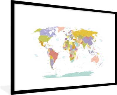 Poster in lijst - Fotolijst 120x80 cm - Posters - Wereldkaart - Topografie - Kleuren - Kind - Jongen - Meiden - Posterlijst zwart - Decoratie - Wanddecoratie woonkamer - Muurdecoratie slaapkamer