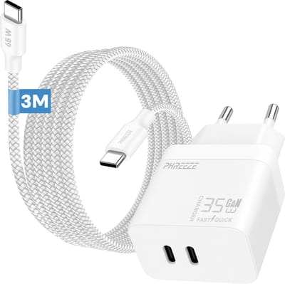 Phreeze usb C oplader 35 W met usb C naar usb C kabel 3 meter - Super fast charger A55 A54 en Tablet - GaN power adapter met 2 usb C poorten