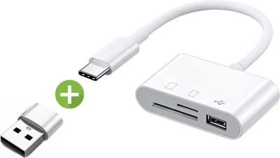 Jumada's - Ontdek de Ultieme USB-C Cardreader - 3-in-1 - Wit - SD & Micro SD - Hoge Capaciteit - USB-aansluiting - Android - Camera Connection Kit