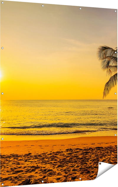 Gards Tuinposter Tropisch Strand tijdens Zonsondergang - 120x160 cm - Tuindoek - Tuindecoratie - Wanddecoratie buiten - Tuinschilderij