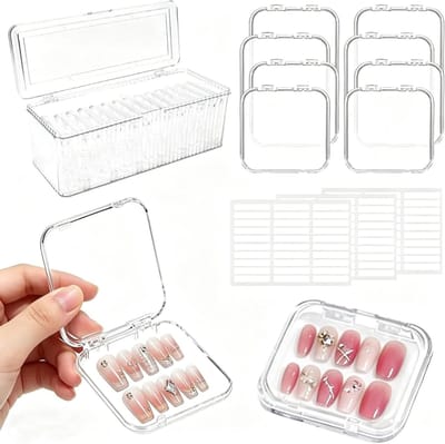 Set van 14 doorzichtige nageldoosjes met grote doos en 60 zelfklevende pads voor kunstnagels en gelnagelaccessoires, ideaal voor nagellakopslag en organisatie