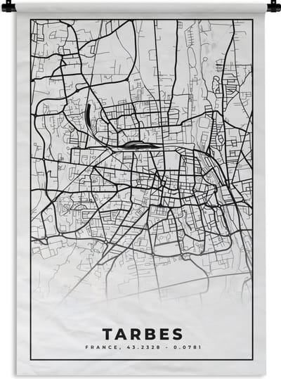 Wandkleed - Wanddoek - Kaart - Tarbes - Plattegrond - Frankrijk - Stadskaart - Zwart wit - 120x180 cm - Wandtapijt