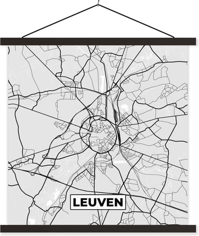 Posterhanger incl. Poster 60x60 cm - Schoolplaat - Stadskaart – Zwart Wit - Kaart – Leuven – België – Plattegrond - Textielposter - Zwarte latten - Stadskaart