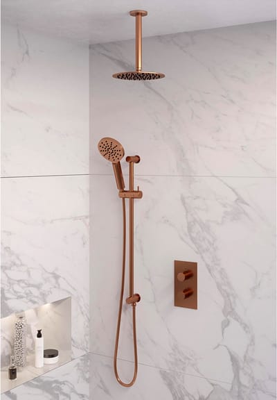 Brauer Copper Edition thermostatische inbouw regendouche 3-weg omstelling SET 47 met 20 cm douchekop en plafondarm en 3-standen handdouche en doucheslang en geïntegreerde glijstang koper geborsteld PVD