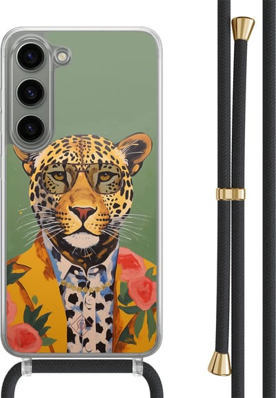 Casimoda® hoesje met zwart koord - Geschikt voor Samsung S23 - Luipaard Hipster - Afneembaar koord - TPU/polycarbonaat - Groen