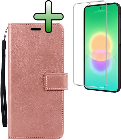Hoesje Met Screenprotector - Geschikt voor Samsung Galaxy A27 - Luxe Pasjeshouder - Bookcase Portemonee - Flip Case - Kunstleer Book Case - Flipcase - Book Cover - Walletcase - Portemonneehoes - Rosé goud