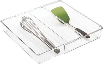 Famanu - Transparante uittrekbare bestekbak met lange vakken, geschikt voor keuken of kantoor, Linus-serie