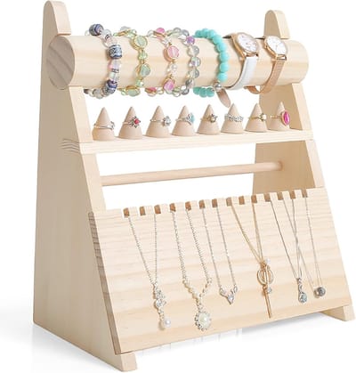 Houten Sieraden Organizer - Juweliers Toren - Sieraden Opbergen - Drielaags Ontwerp - 30x15x32 cm - Houtkleur