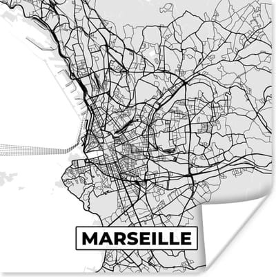 Poster Plattegrond - Marseille - Stadskaart - Kaart - Frankrijk - 100x100 cm XXL
