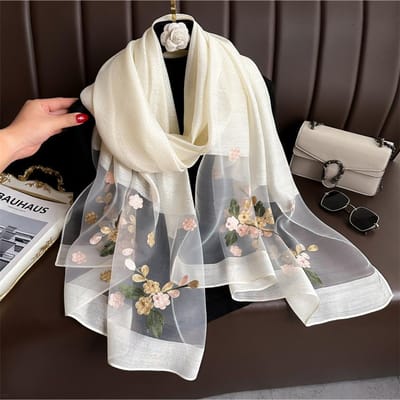 Luxe Dames Hijab Glanzende Kant Sjaal Zijde Zachte Wol Sjaals En Wraps Borduurwerk Bloemen Dunne Sjaals Foulard Vrouwelijke Bufanda white