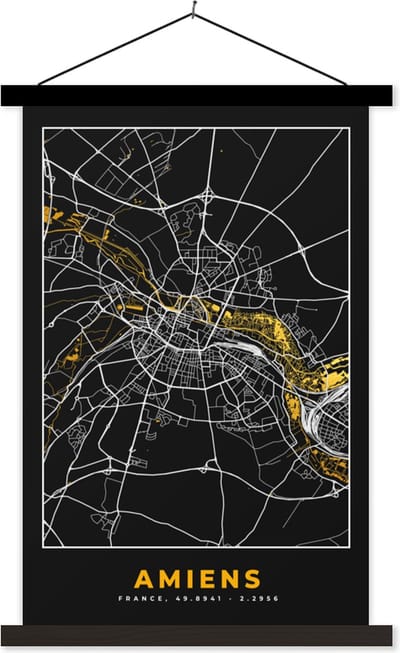 Posterhanger incl. Poster 40x60 cm - Schoolplaat - Plattegrond – Amiens– Stadskaart – Kaart – Frankrijk - Textielposter - Zwarte latten - Stadskaart