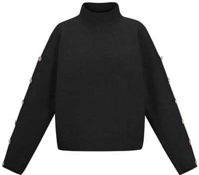 Comfortabele Gebreide Polyester Dames Trui met Schildkraag en Goudkleurige Knopen - Grijs - Maat L/XL
