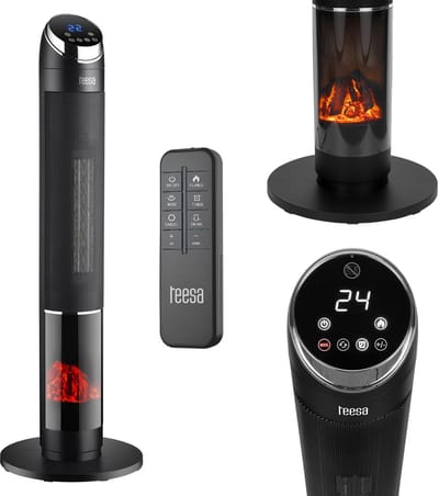 Teesa Kolomventilatorkachel met Haardimitatie – Keramisch – 2000W – Slimme Functies & Vlameffect – Stil & Energiezuinig
