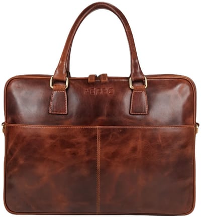Ferro Shoes - Laptop Tas - Paul - 15 inch - Echt leder - Aktetas - Dark Cognac