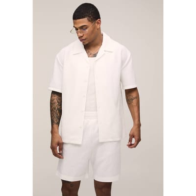 Oversized Shirt En Ontspannen Plissé Set Met Middellange Short | White | Size Medium