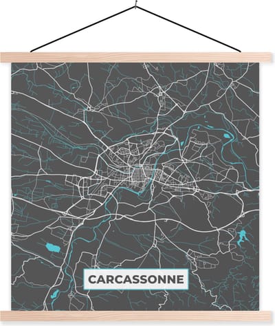 Posterhanger incl. Poster 40x40 cm - Schoolplaat - Carcassonne - Plattegrond - Stadskaart - Kaart - Frankrijk - Textielposter - Blanke latten - Stadskaart