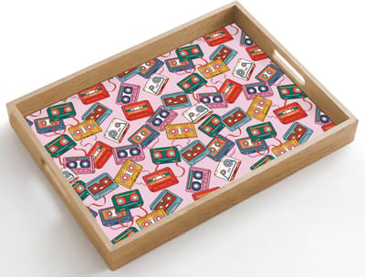 Dienblad hout 50x35 cm - Schootdienblad - Cassette - Patroon - Roze - Borrelplank rechthoek - Plateau dienbladen