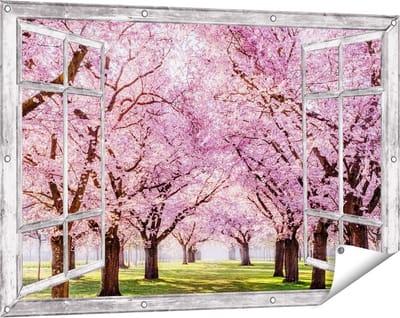 Gards Tuinposter Doorkijk Roze Bloesembomen Park - Bloemen - 120x80 cm - Tuindoek - Tuindecoratie - Wanddecoratie buiten - Tuinschilderij