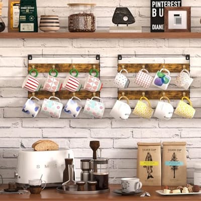Koffiemok Houder - Bekerrek Organizer - Keuken Opbergen - Wandmontage Ontwerp - Max 16 Mokken - Rustiek Hout