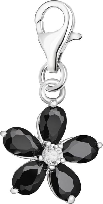 Quiges – 925 - Zilver – Charm - Bedel - Hanger - Zwarte Zirkonia Bloem - met – sterling - zilver - karabijnslot - geschikt - voor -Bedelarmband HC108