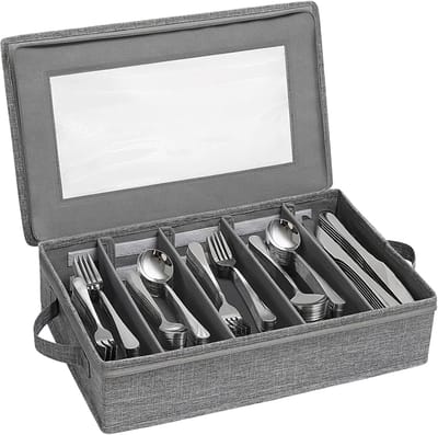 Bestekbak met deksel, bestek-opbergdoos voor 36 stuks, bestekbox met 5 verstelbare vakken, bestek-opslag voor messen, vorken, lepels, keuken, restaurant en camping (43 x 26 x 10 cm, Lichtgrijs)