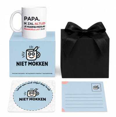 NietMokken.nl - Mok Cadeauset – Papa Ik Zal Altijd Je Financiële Last Zijn Mok – Grappig Cadeau voor Vader – Inclusief Cadeaudoos, Kaartje & Vilten Onderzetter – Keramische Mok 325 ml – Aan beide zijden bedrukt - Meisje variant