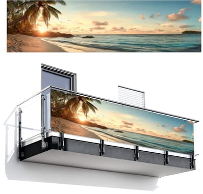 Balkonscherm 300x80 cm - Balkonposter Strand - Palmbomen - Oceaan - Zonsondergang - Balkon scherm decoratie - Balkonschermen - Balkondoek zonnescherm