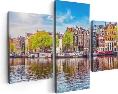 Artaza Canvas Schilderij Drieluik Amsterdamse Huisjes Aan Het Water - 90x60 cm - Wanddecoratie Woonkamer - Schilderijen - Muurdecoratie