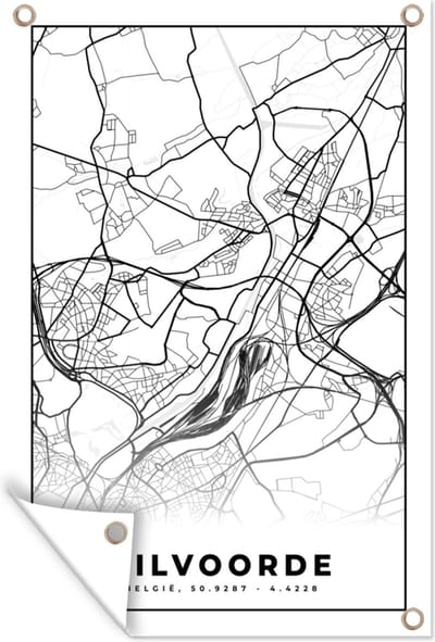 Muurdecoratie Stadskaart – Plattegrond – België – Zwart Wit – Vilvoorde – Kaart - 120x180 cm - Tuinposter - Tuindoek