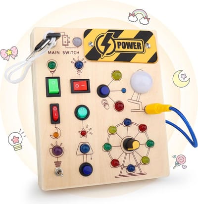Montessori Activiteitenbord voor Kinderen vanaf 1 Jaar - Houten Drukbord met LED Lichtschakelaars en Educatief Speelgoed - Sensorisch Leerspel voor Motorische Ontwikkeling - Ideaal Cadeau voor Jongens en Meisjes van 1, 2, 3, 4 Jaar