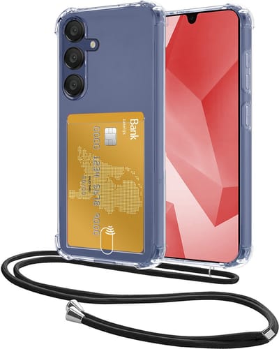 Hoes Geschikt voor Samsung Galaxy A16 Hoesje Pasjeshouder Cover Met Koord Shock Proof Case Siliconen Hoes Met Telefoonkoord en Kaarthouder - Transparant
