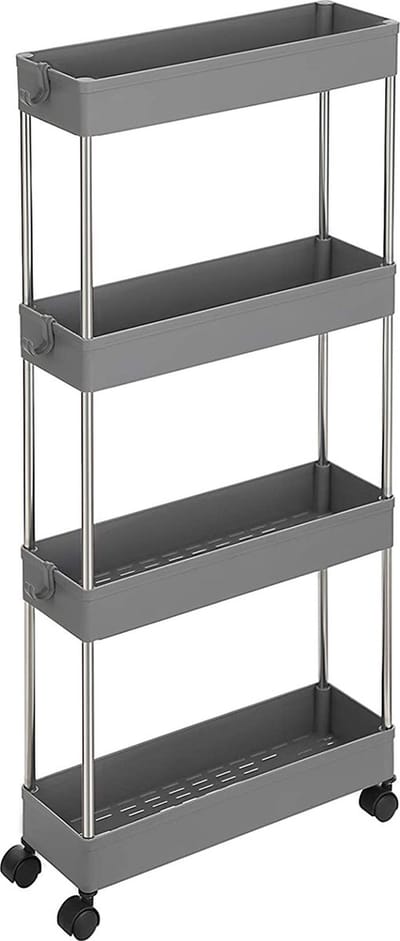 Hoppa! wagen met 4 etages, keukenwagen, nis-plank op wielen, ruimtebesparend badkamer- en keukenplankje, 40 x 13,5 x 86 cm, grijs