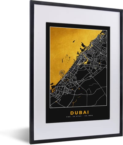 Fotolijst incl. Poster - Goud - Stadskaart - Plattegrond - Dubai - Kaart - 30x40 cm - Posterlijst