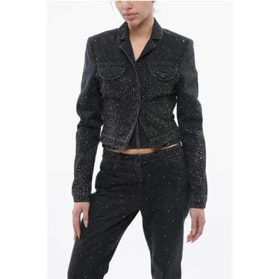 Cropped Fit BLING Denim Jack met Strass in Zwart